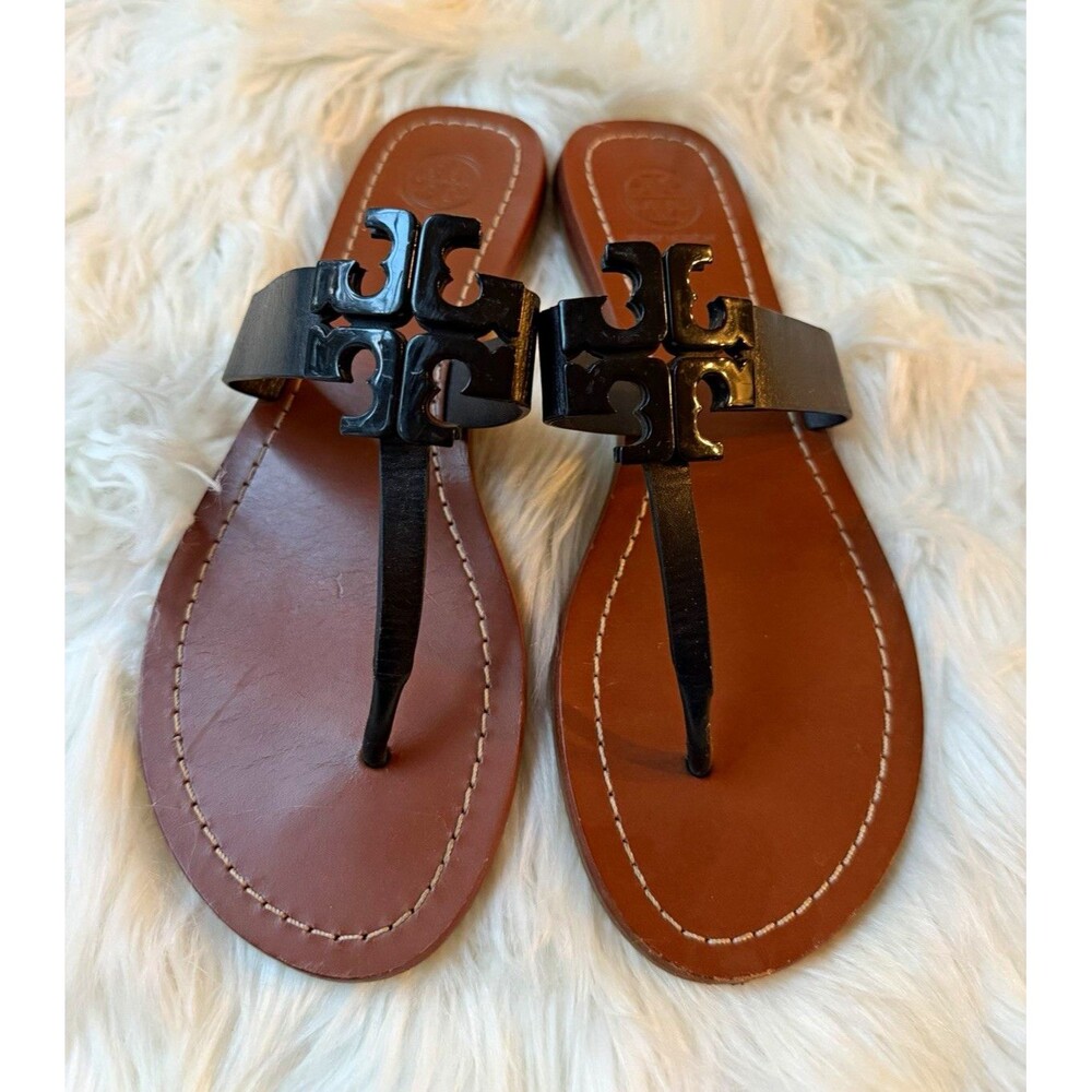 Tory Burch Logo Thong Flat Sandals Brown/Black Leather Women's US 7.5 M